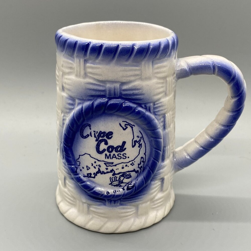 Vintage Hand Painted Blue White Cape Cod Souvenir Stein Mug